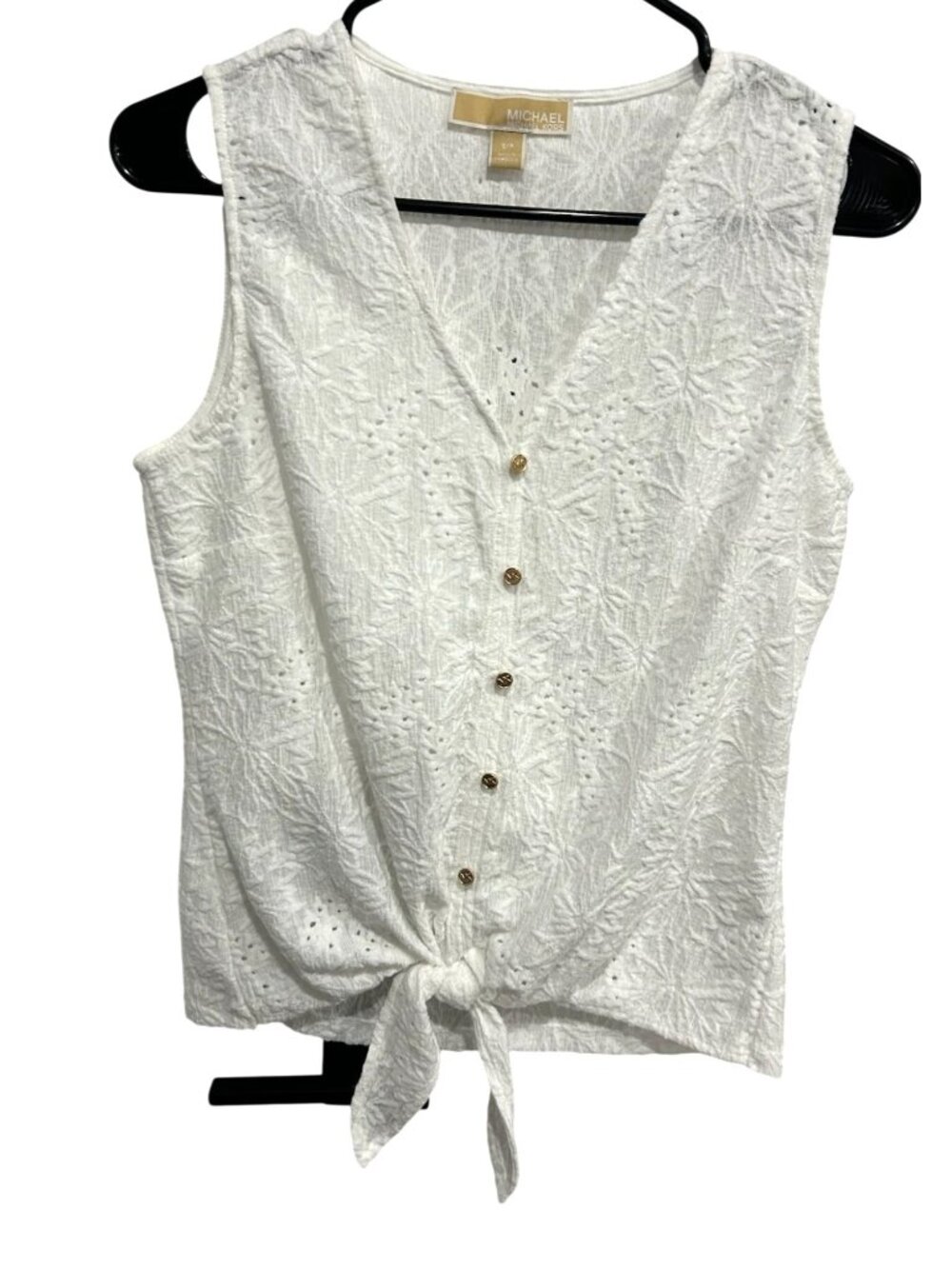 Michael Kors Small White Sleeveless Floral Eyelet Button Tie Front Boho Chic